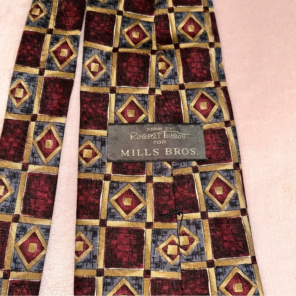 Robert Talbott for Mills Bros vintage silk tie red blue gold squares geometric